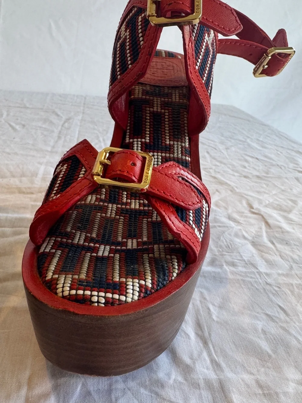 Tory Burch Red High Wedge Beaded Sandals with Gold Buckles